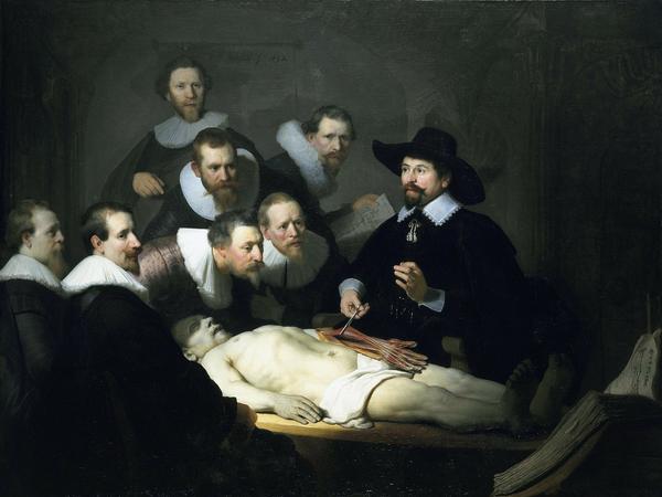 A painting depicting medical student in a surgical class