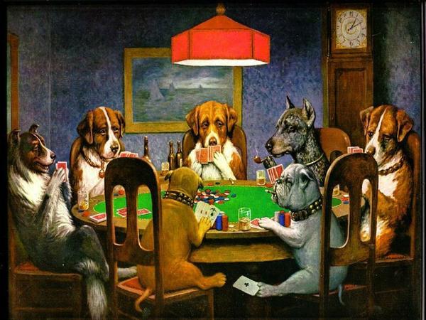 A painting of dogs sitting on a table playing cards