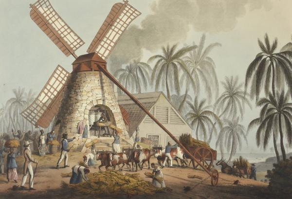 A painting of people working in a windmill